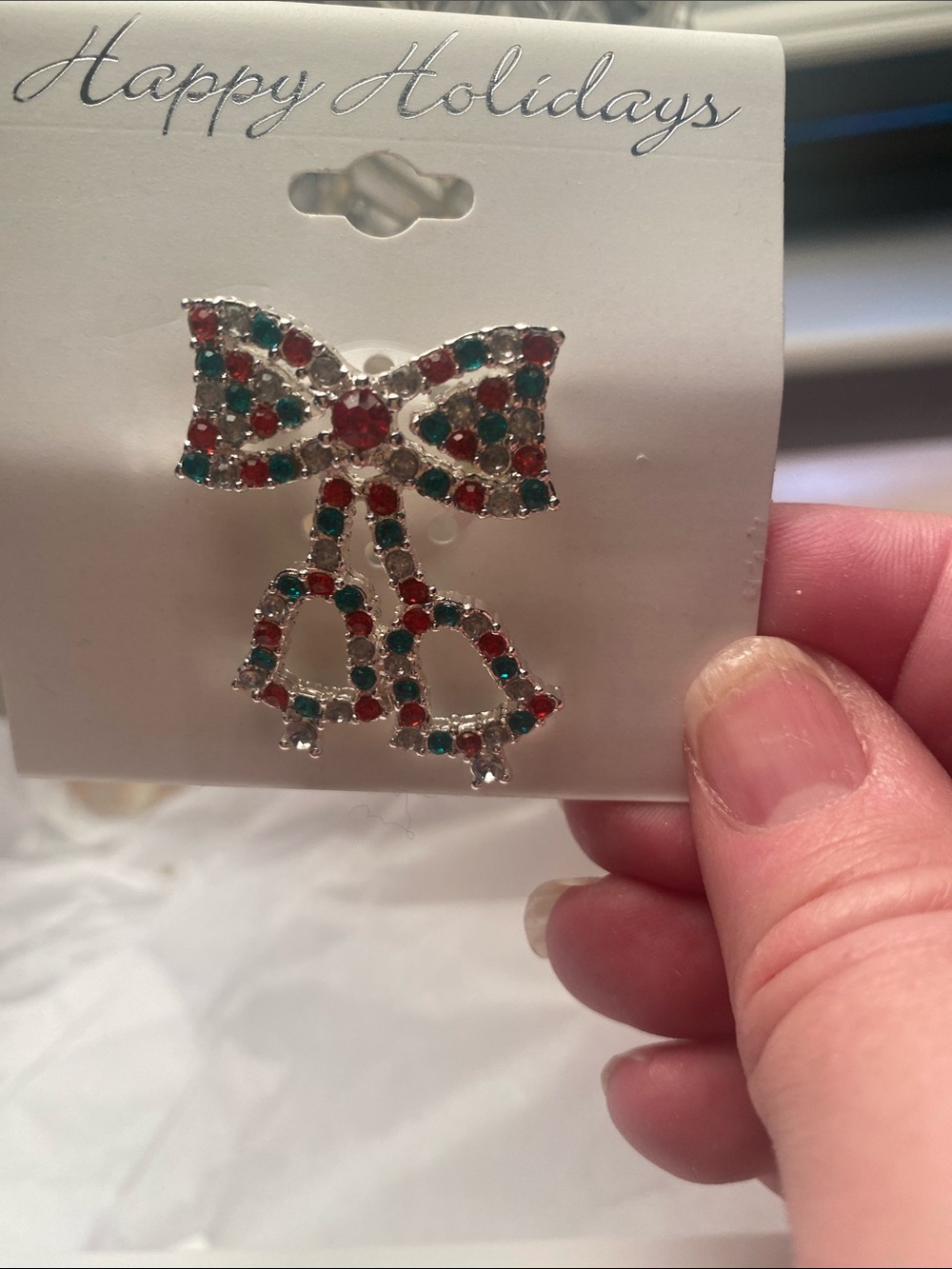 Holiday Bow and Bells Crystal Pin - Red & Green